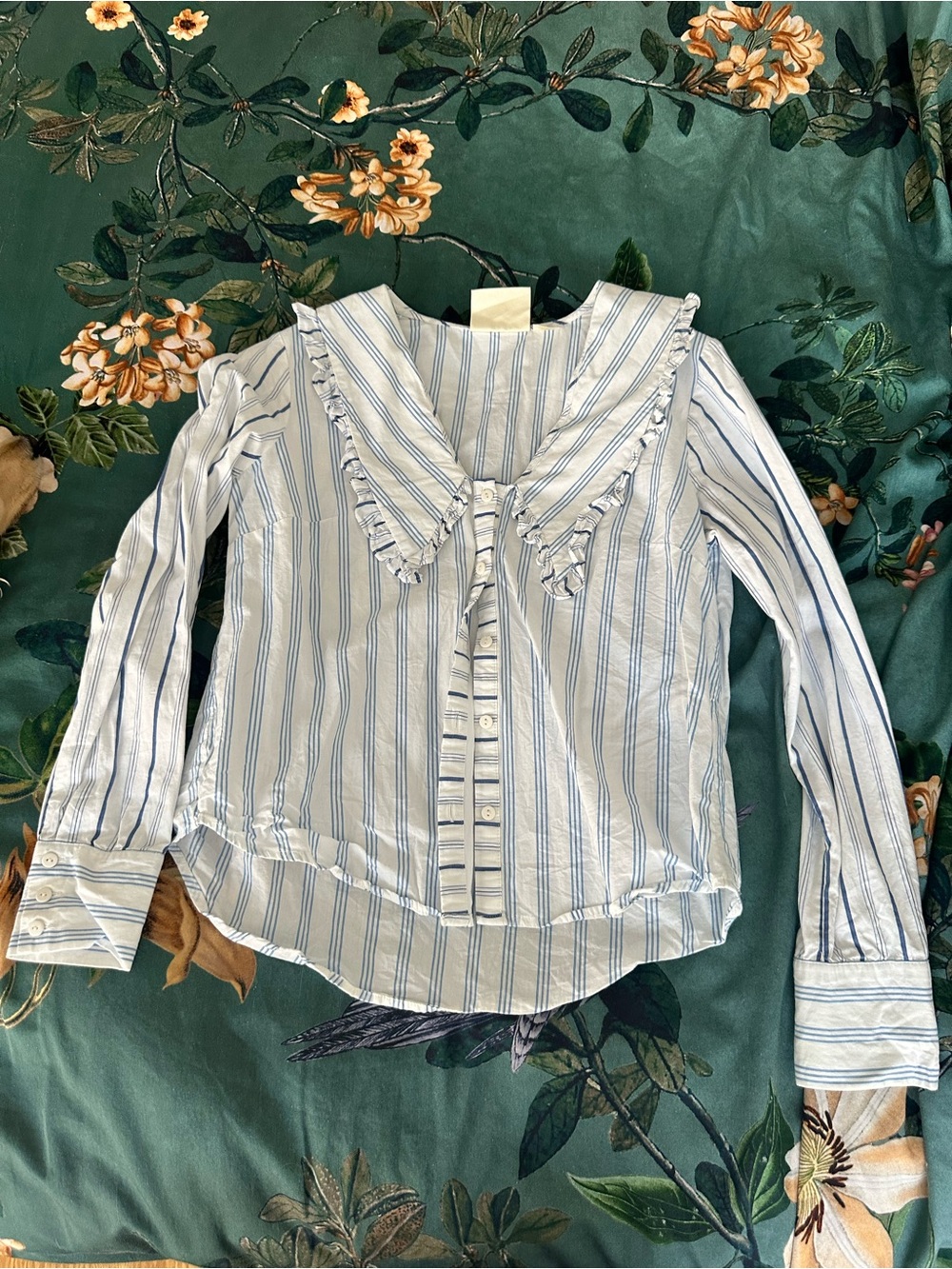 Anthropologie Blue and White Striped Ruffled Sailor Blouse